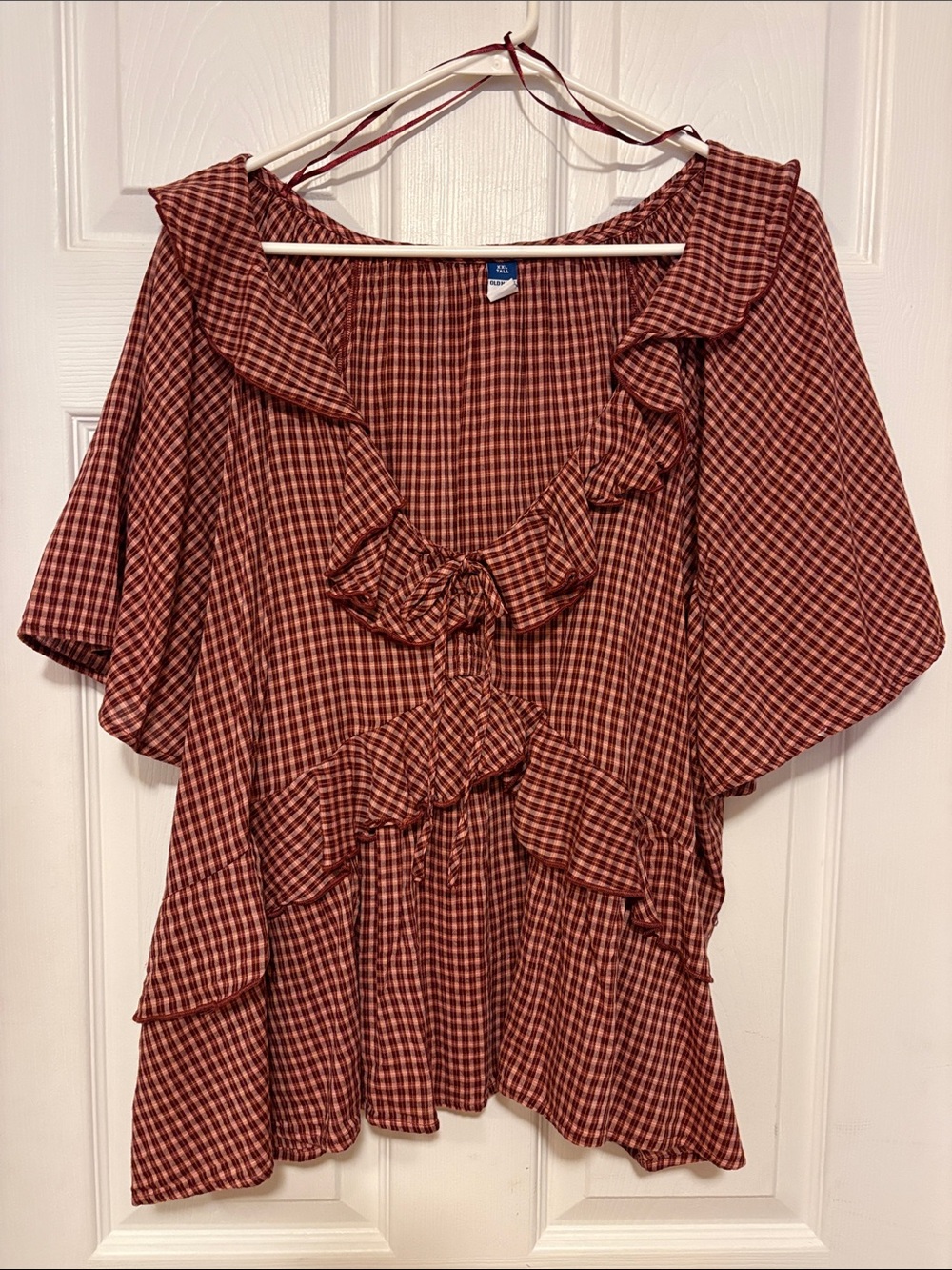 Old Navy Rust and Cream Gingham Ruffle Blouse